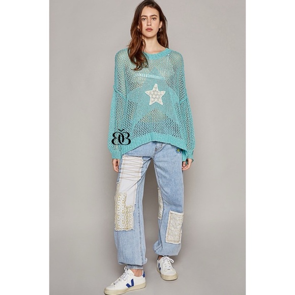 POL Blue Oversized Open Knit Sweater with Center Star Patch - Picture 8 of 11